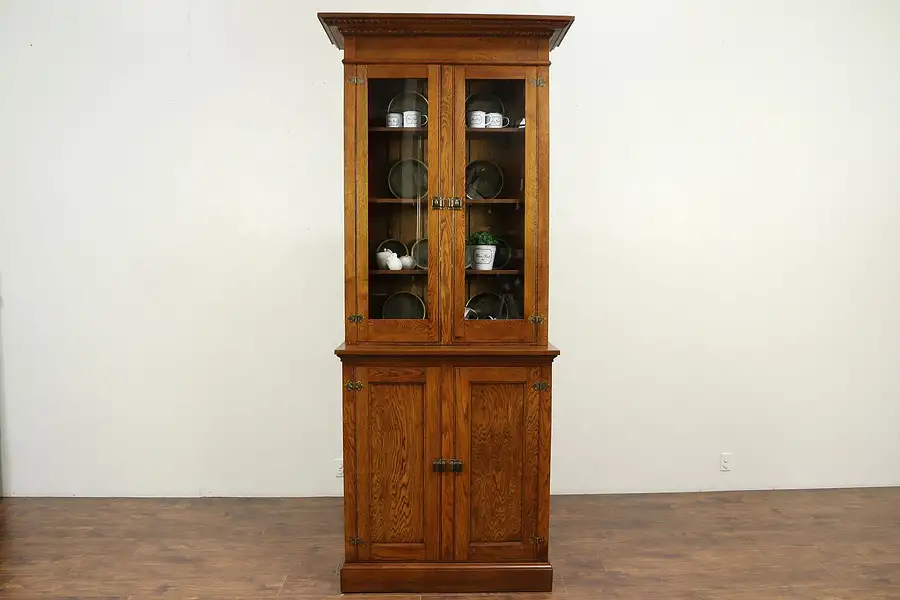 Main image of Victorian Antique Tall Oak Bookcase, China Cabinet or Pantry Cupboard