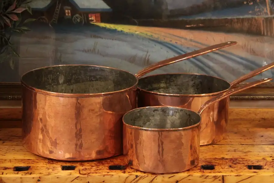 Main image of Set of 3 Antique French Copper Pots or Kettles