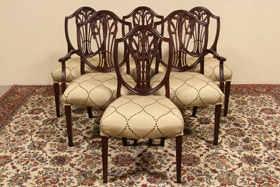 Main image of Set of 6 Carved Mahogany Shield Back Vintage Dining Chairs