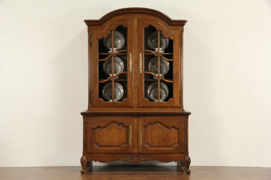 Main image of Country French Carved Oak 1920's China Cabinet or Bookcase