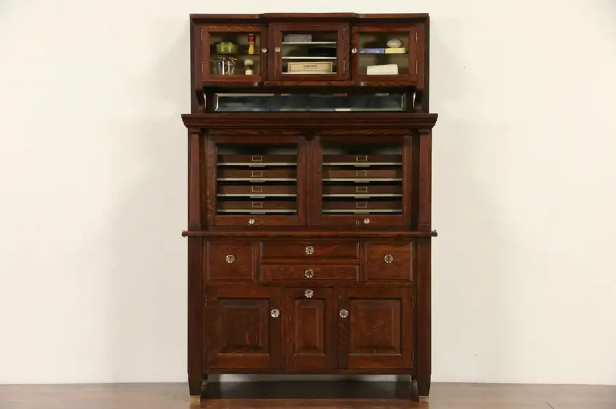 Main image of Oak Raised Panel Dentist 1900 Antique Dental, Jewelry or Collector Cabinet
