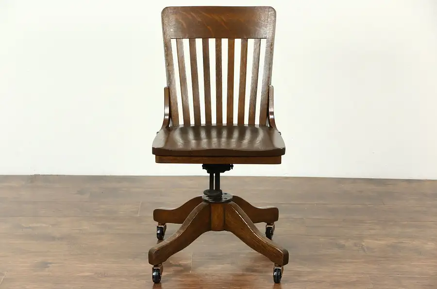 Main image of Oak Swivel Adjustable Antique Desk Chair, Signed Siebert Milwaukee