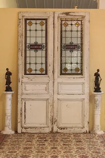 Main image of Pair of French Pine & Stained Glass Antique Doors