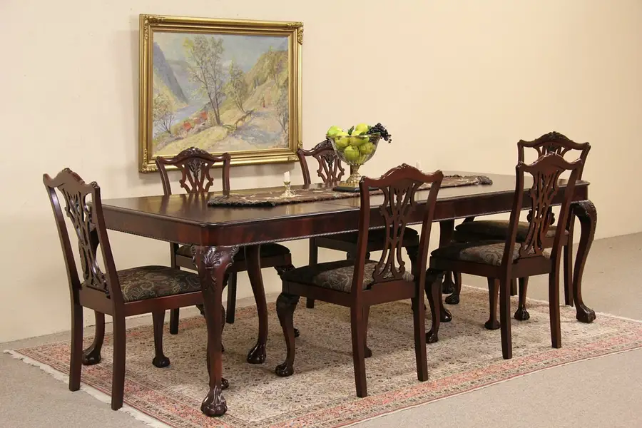 Main image of Georgian Style 1940's Mahogany Dining Set, Table, 6 Chairs, Extend 8' 4"