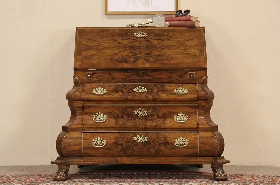 Main image of Dutch Baroque 1940's Vintage Bombe Carved Burl Secretary Desk