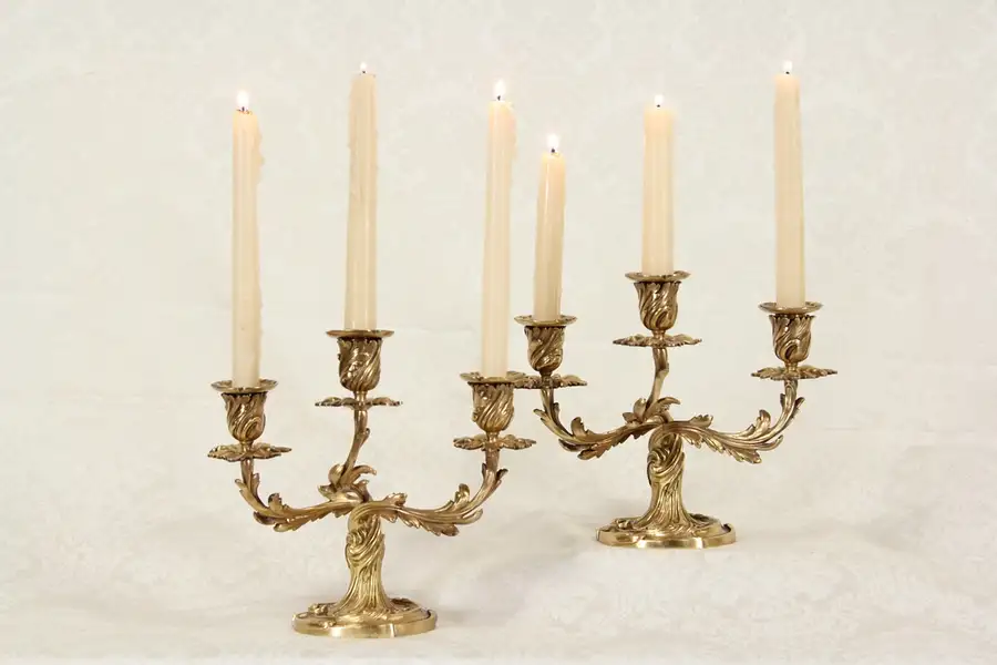 Main image of Pair French Candelabra late 1800's Antique Bronze Triple Candleholders