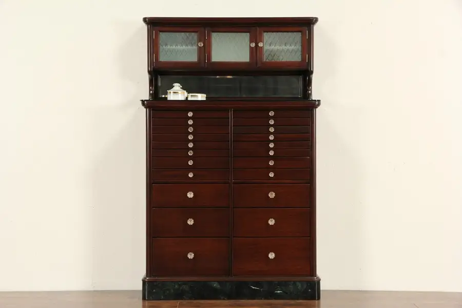 Main image of Dentist Antique 1910 Antique Dental 22 Drawer Mahogany Cabinet, Marble Base
