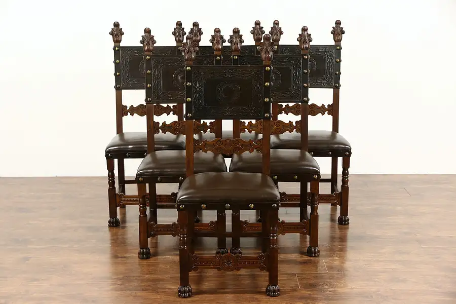Main image of Set of 6 Italian Carved Walnut & Tooled Leather 1890's Antique Dining Chairs