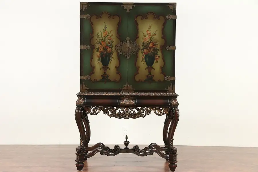 Main image of Renaissance Carved Antique Bar, China or Hall Cabinet, Hand Painted