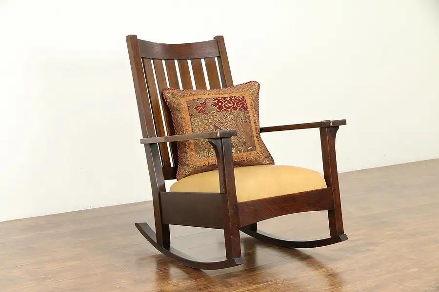 Main image of Art & Crafts Mission Oak Antique Craftsman Rocker, Leather, L&JG Stickley