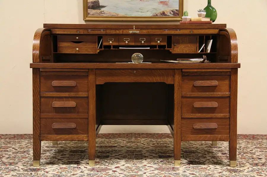 Main image of Antique 5' Quarter-sawn Oak Rolltop Desk