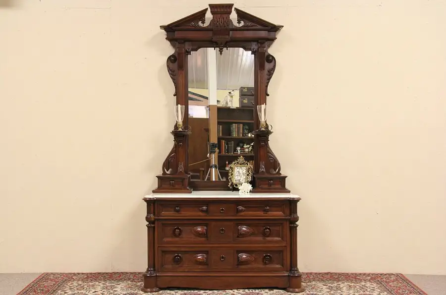 Main image of Victorian 8' Dresser or Chest, Marble Top, Secret Drawer