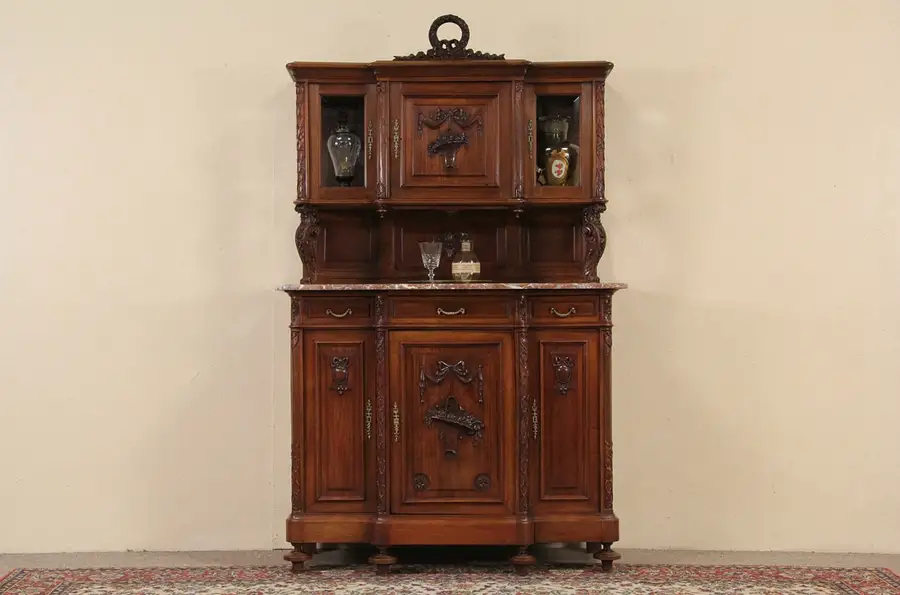 Main image of French Marble Top Carved 1900 Antique Sideboard & Curio Cabinet