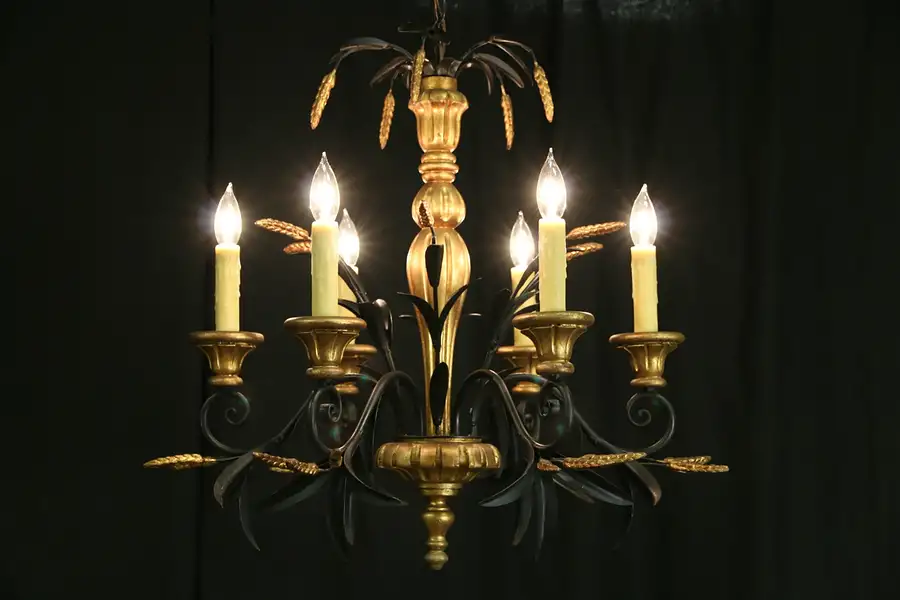 Main image of Italian Wrought Iron Wheat & Leaf Motif Vintage 6 Candle Chandelier