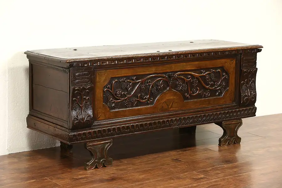 Main image of Italian 1700 Antique Cassone Dowry Chest Wedding Trunk, Grape Motif, TV Console
