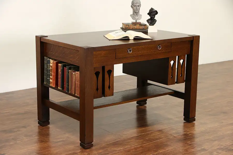 Main image of Arts & Crafts Mission Oak 1905 Antique Craftsman Library Table or Desk, Signed