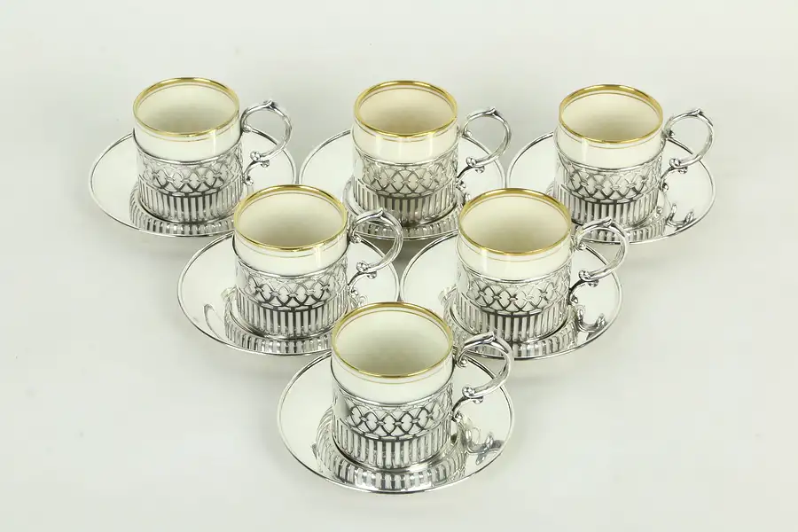 Main image of Set of 6 Sterling Silver Espresso Coffee Cups & Saucers, Lenox Liners