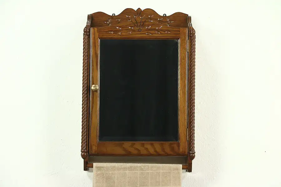 Main image of Victorian Eastlake Antique Oak Medicine Cabinet Chest, Beveled Mirror, Towel Bar