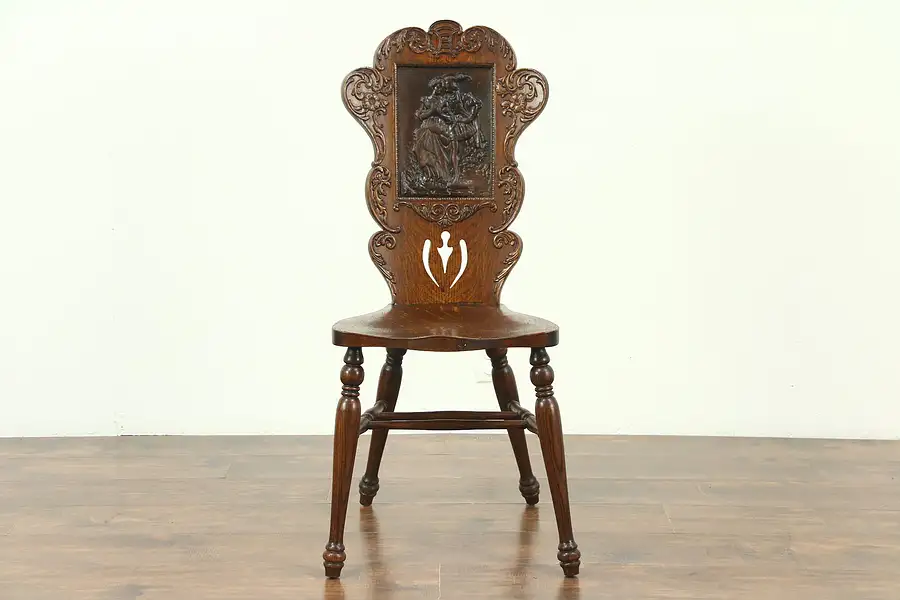 Main image of Victorian Oak Antique 1900 Chair, Leather Panel of Courting Couple