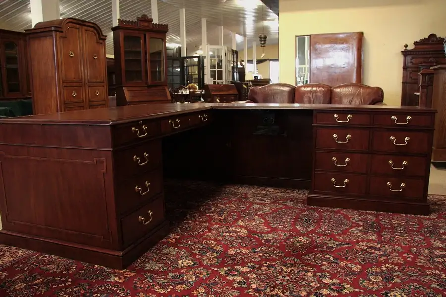 Main image of Baker Leather Top Mahogany L-shaped Executive Desk