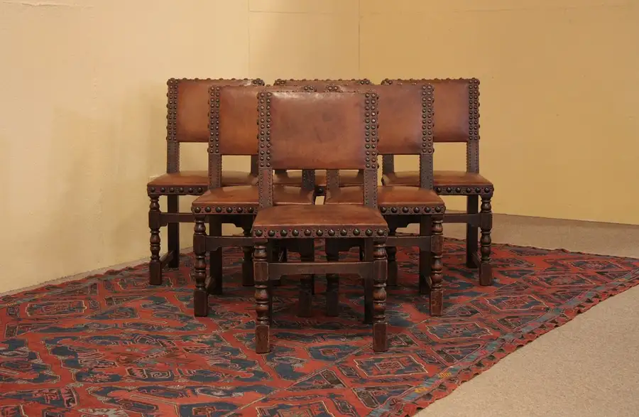 Main image of Set of 6 Oak Antique Saddle Leather Dining Chairs