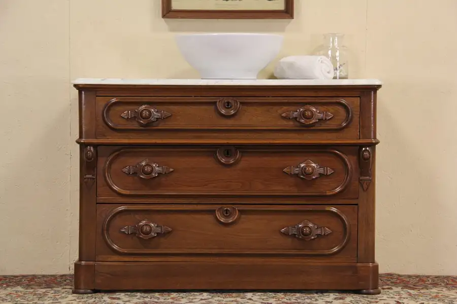 Main image of Victorian 1870 Marble Top Chest or Dresser, Secret Drawer