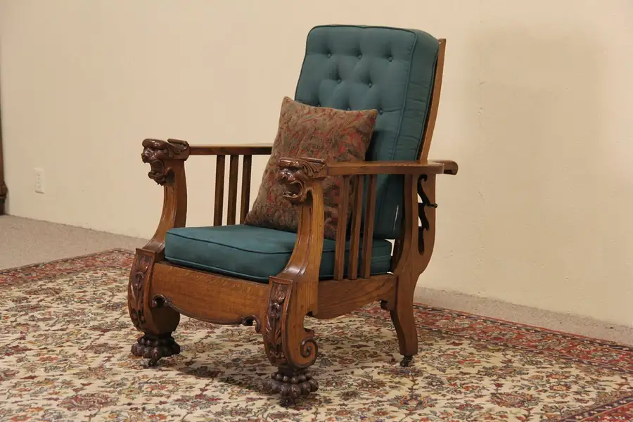 Main image of Morris Reclining Chair, 1900 Antique, Carved Oak Lion Heads & Paws
