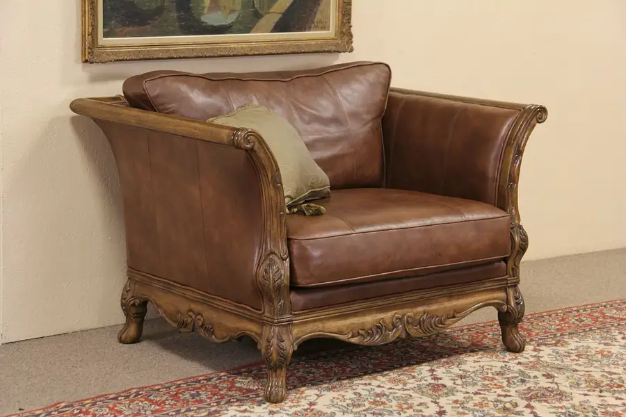 Main image of Bernhardt Country French Leather & Carved Fruitwood Vintage Oversize Chair