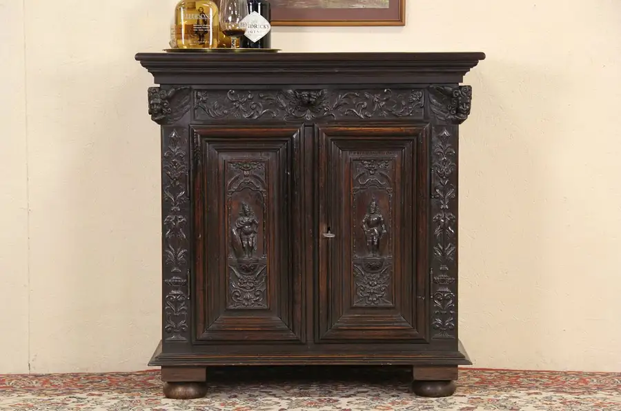 Main image of Oak 1880 French Antique Console Cabinet, Carved Knights & Angels