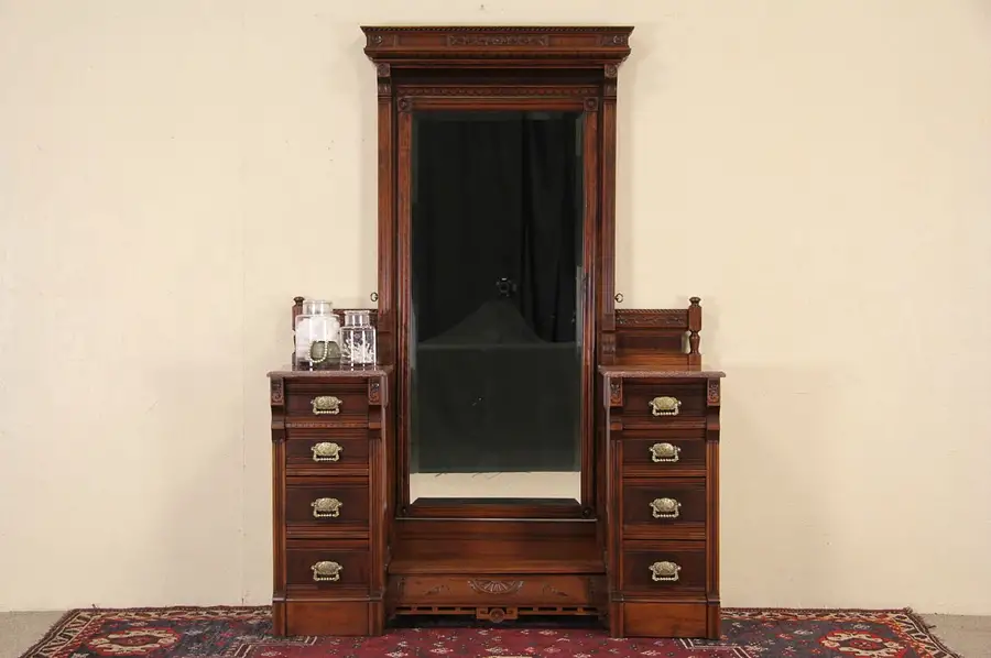 Main image of Victorian Eastlake Marble Top 1880 Antique Dressing Table & Mirror