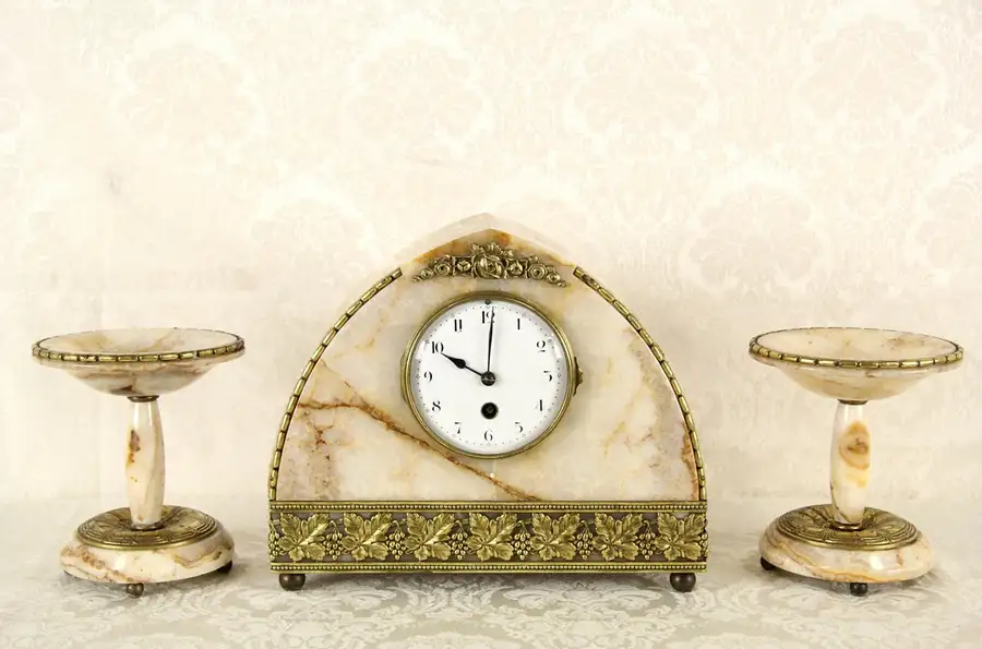 Main image of French Art Deco 1920's Antique Marble & Bronze 3 Pc. Clock Set, Tazzas