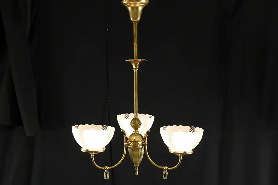 Main image of Victorian 1890's Antique 3 Light Gas Chandelier, Electrified Shades