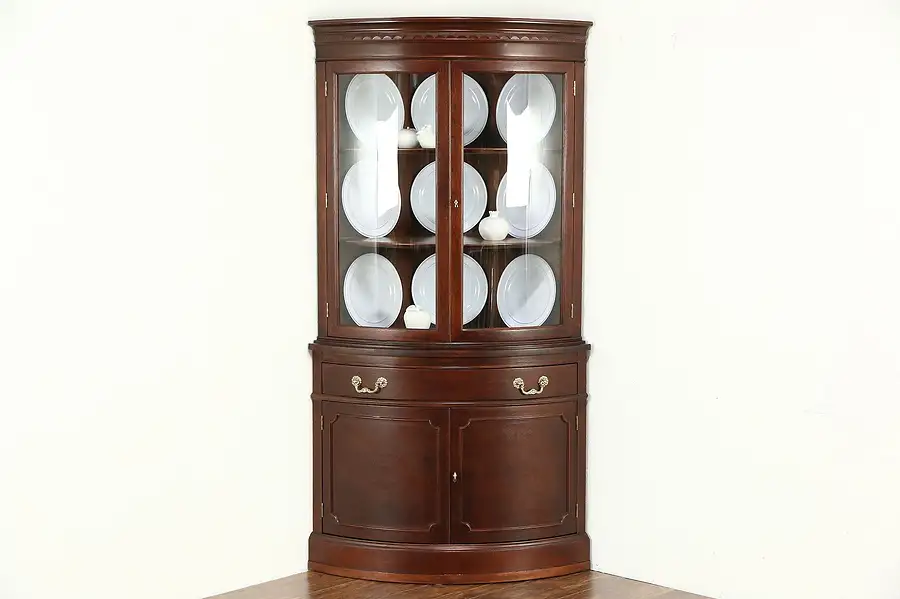 Main image of Hickory Signed Vintage Curved Glass Mahogany Traditional Corner Cabinet