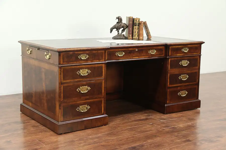 Main image of Henredon Aston Court Vintage Executive or Library Desk, Burl & Leather
