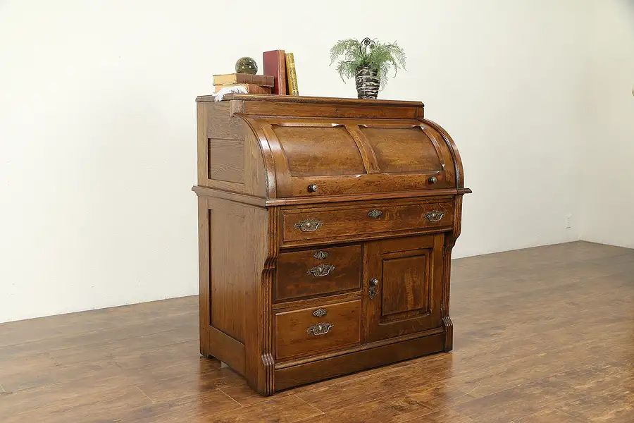 Main image of Oak & Burl Victorian Antique 1890 Cylinder Rolltop Secretary Desk