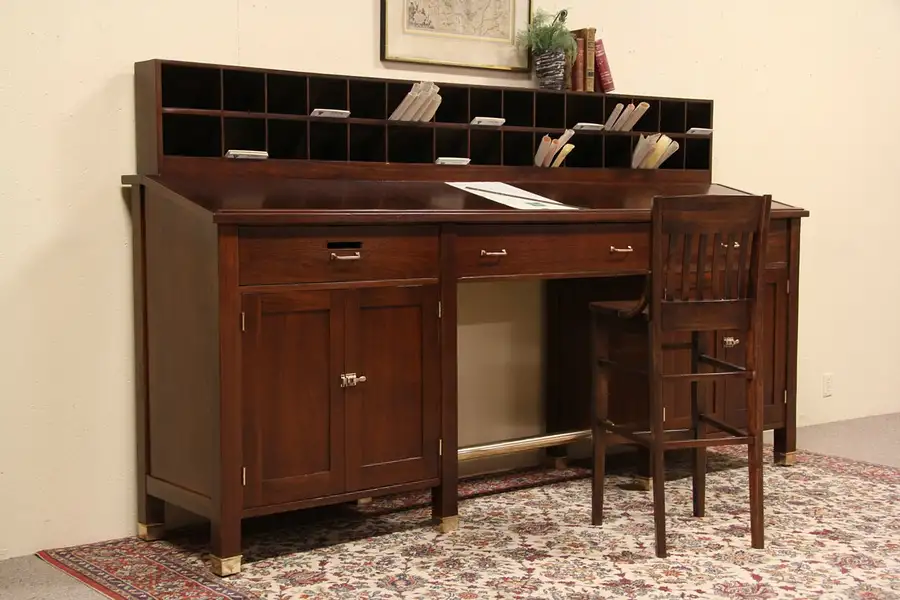 Main image of Hotel Mail Stand Up Stool Height Desk, 1900 Antique 9' Long
