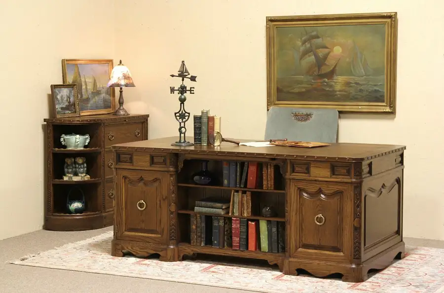 Main image of Oak Grapevine Carved Executive Vintage Desk Set, Credenza and Chair