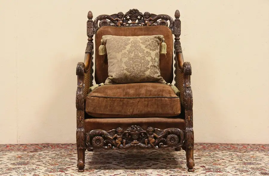 Main image of Carved Angels Antique Velvet 1920's Chair