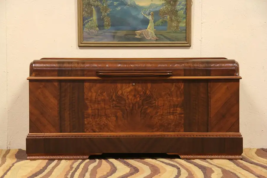 Main image of Art Deco Waterfall 1940 Vintage Cedar Chest, Roos of Forest Park, Il