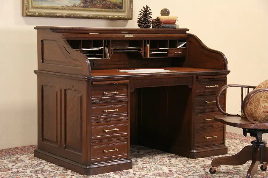 Main image of Oak Victorian Antique Roll Top Desk, Raised Panels, Leather Top, Signed Andrews