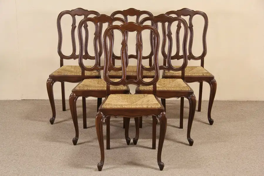 Main image of Set of 6 Country French 1920's Oak & Rush Dining Chairs