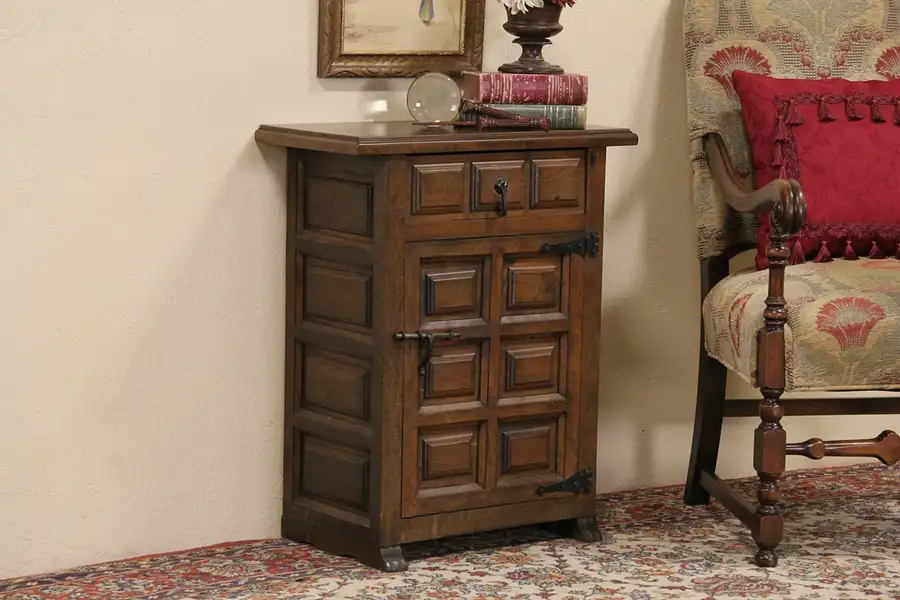 Main image of Spanish Vintage Pine Nightstand, End Table or Cabinet, Wrought Iron Hardware