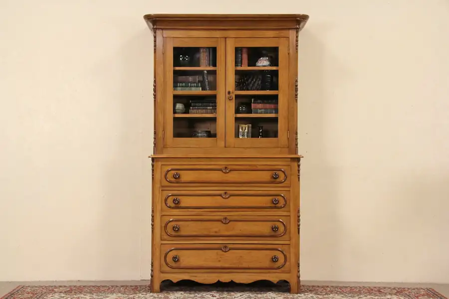 Main image of Victorian 1850's Antique Butternut Bookcase, Linen Press or China Cabinet