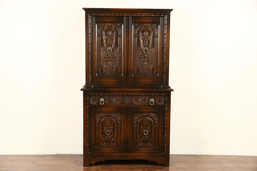 Main image of English Tudor 1925 Antique Carved Oak Bar or China Cabinet, Signed Life Time