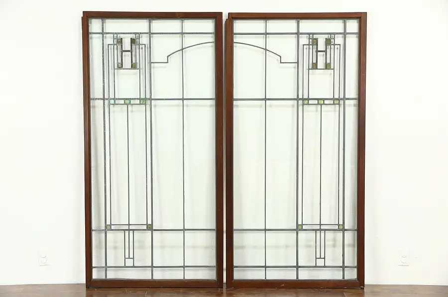 Main image of Arts & Crafts 1910 Antique Pair Leaded Stained Glass Windows or Doors, Screen