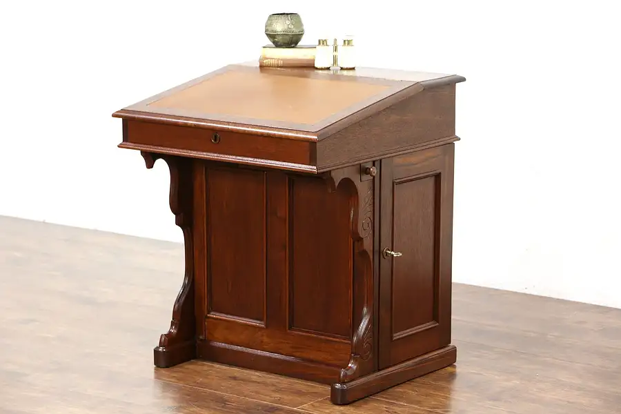 Main image of Victorian 1880 Antique Walnut Ship Captain or Davenport Secretary Desk, Leather