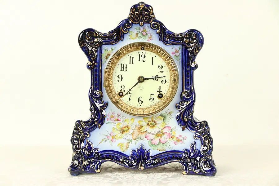 Main image of Ansonia Wabash Victorian Cobalt Blue Porcelain Antique China Clock