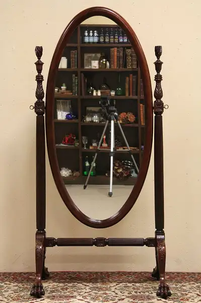 Main image of Carved Mahogany Antique 1900 Cheval Dressing Mirror, Claw Feet