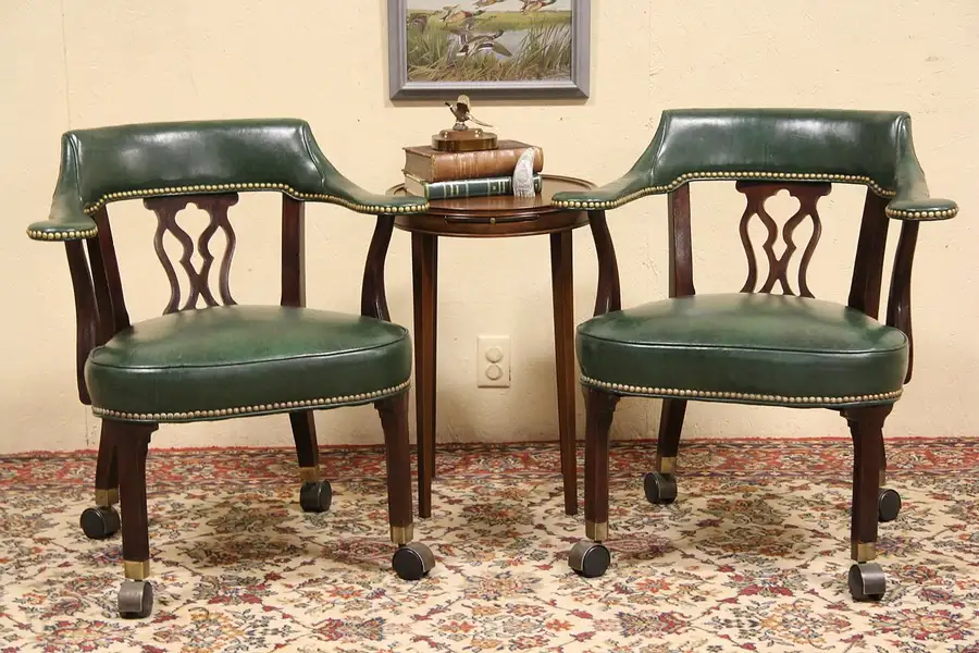 Main image of Pair of Hickory Chair Vintage Leather Rolling Game Table Armchairs