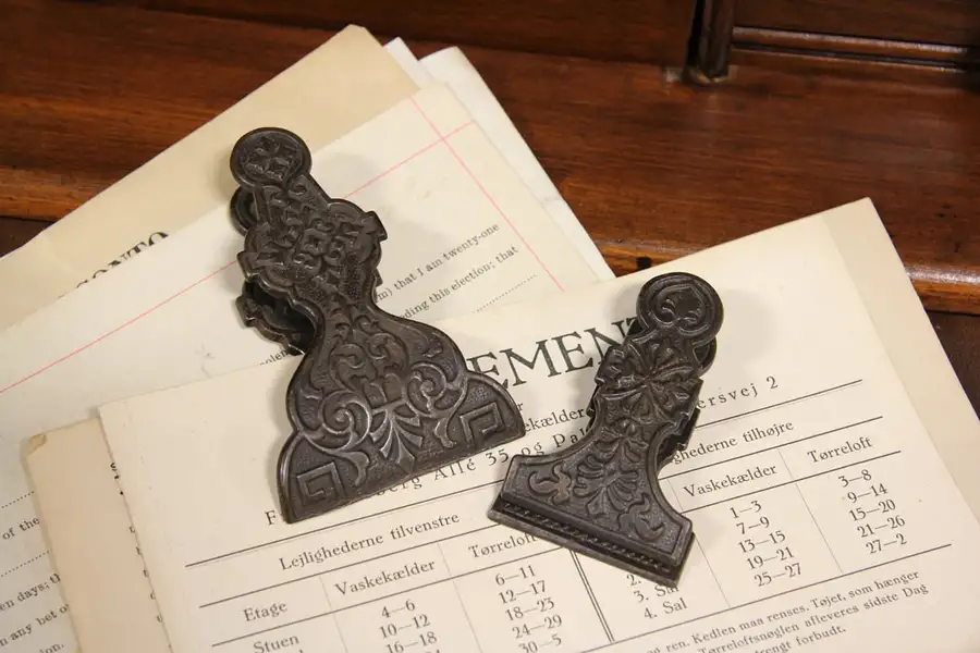 Main image of Pair Victorian 1870 Antique Iron Wall or Desk Paper Clips, 2 Sizes